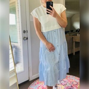 NEW entro “Twofer” White and Light Blue Tiered Button-Front Midi Dress